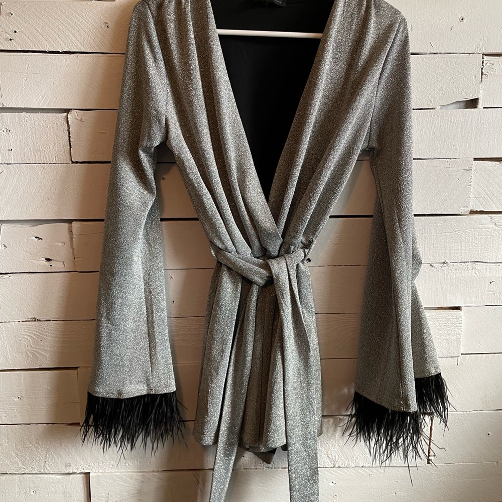 Symphony Gray and Black Romper with Feather Trim